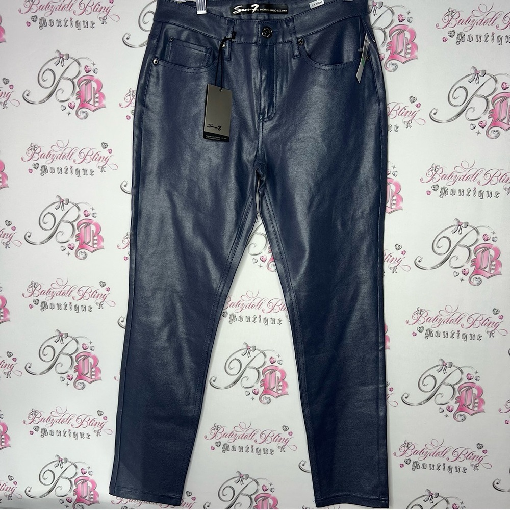 Seven7 Womens Coated Ponte Pant blue iris grey brand new with tags pants shiny